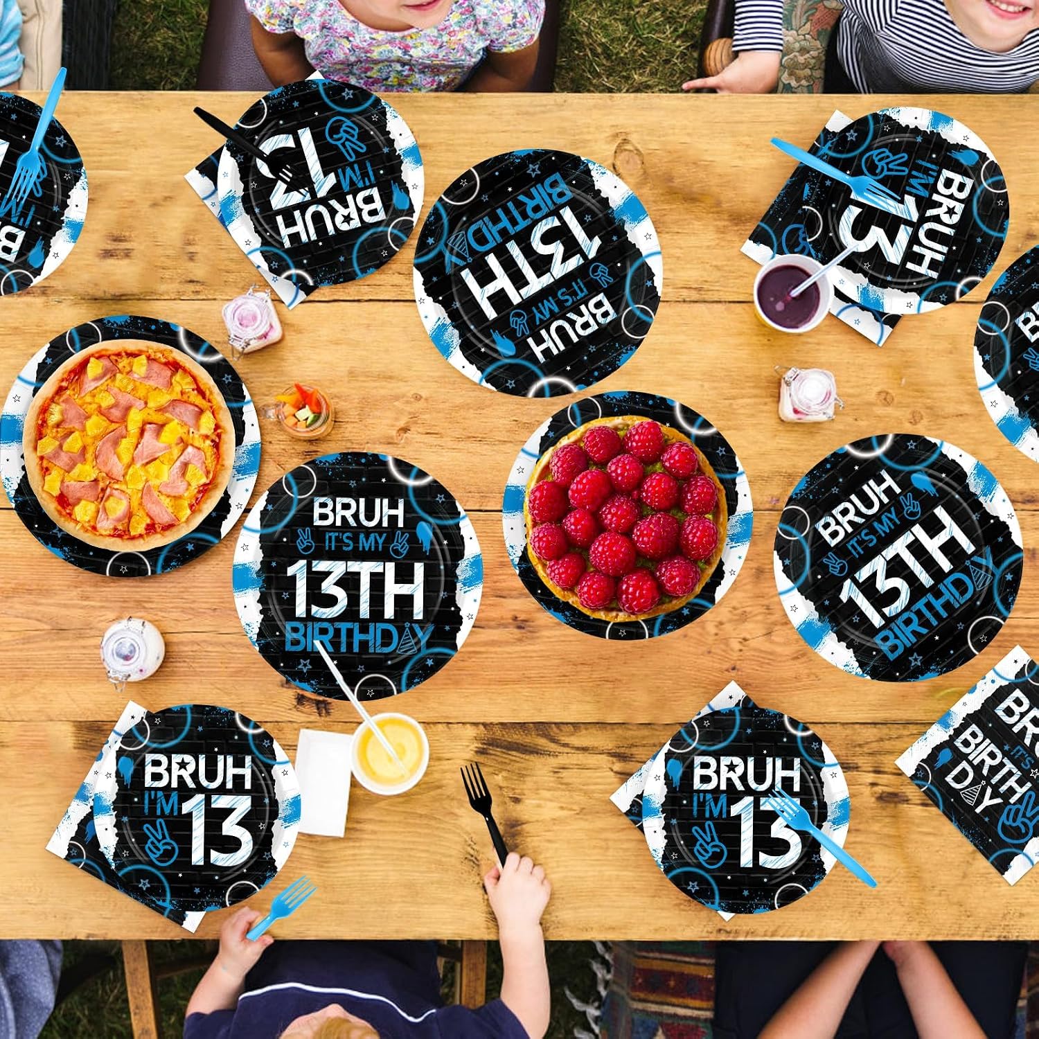 Bruh 13th birthday blue and black plates and napkins set 96 pieces