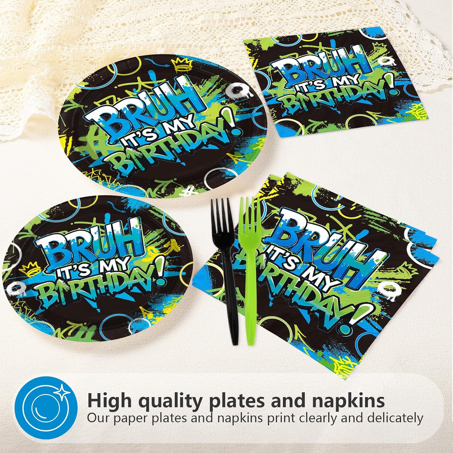 Bruh Birthday Party Plates & Napkins for Boys - 96 Pcs image 3
