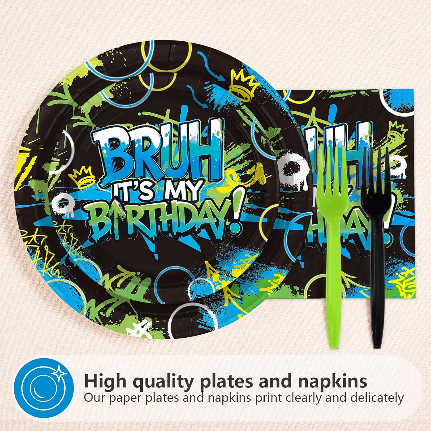 Bruh Birthday Party Plates & Napkins for Boys - 96 Pcs image 5