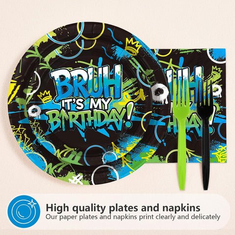 Bruh Birthday Party Plates & Napkins for Boys - 96 Pcs image 5