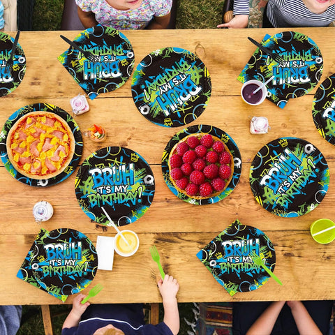 Bruh Birthday Party Plates & Napkins for Boys - 96 Pcs image 7