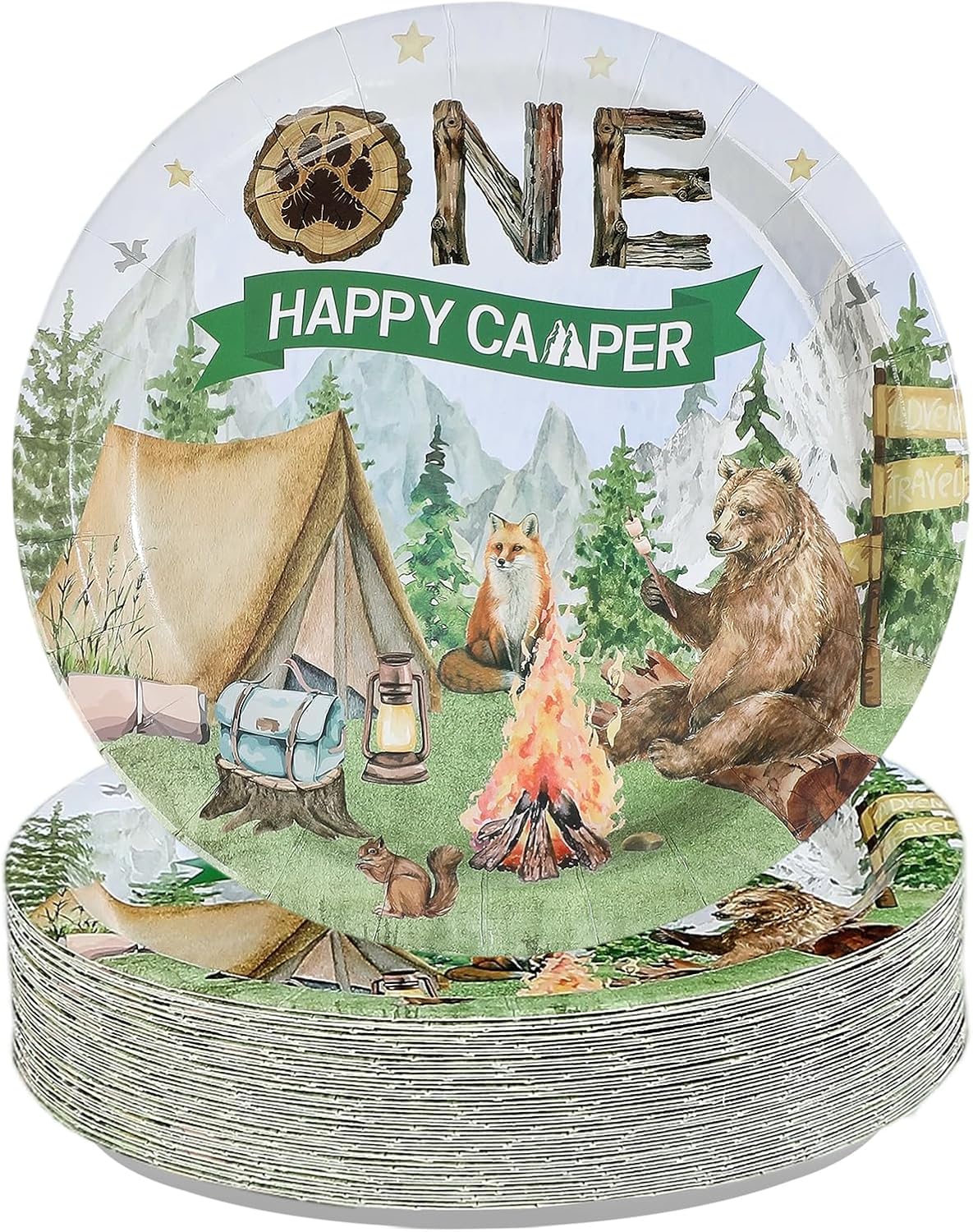 Camping 1st Birthday Plates - 50 Pcs 9 Inch Camper Theme - image 1