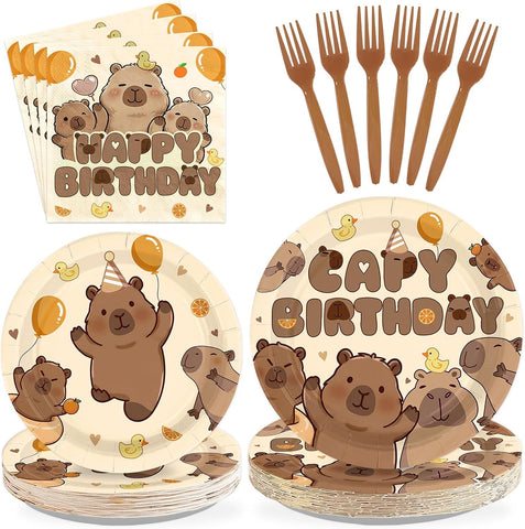 Capybara Happy Birthday Plates & Napkins Set - 96 Pcs image 1