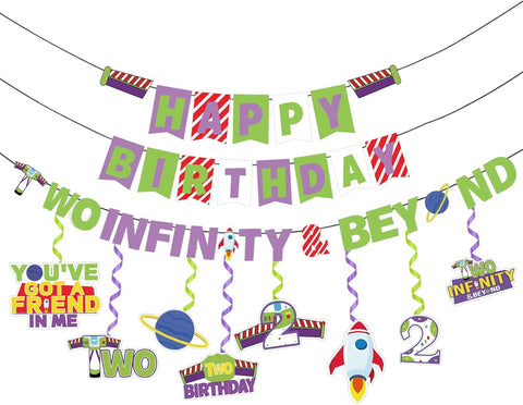 Cartoon Story 2nd Birthday Banner with 8 Hanging Swirls - Toy Space Themed Party Decor - Grencian