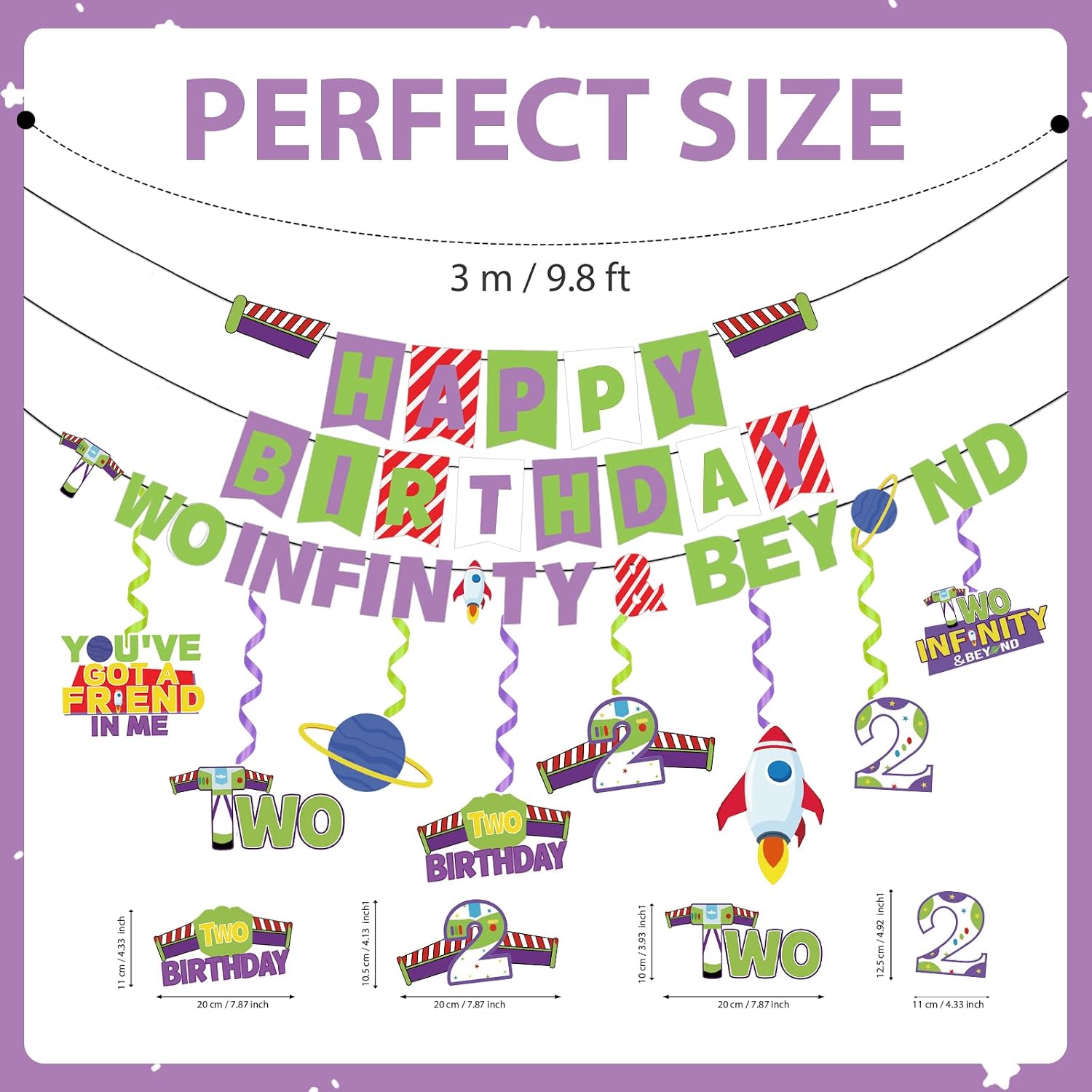 Cartoon Story 2nd Birthday Banner with 8 Hanging Swirls - Toy Space Themed Party Decor - Grencian