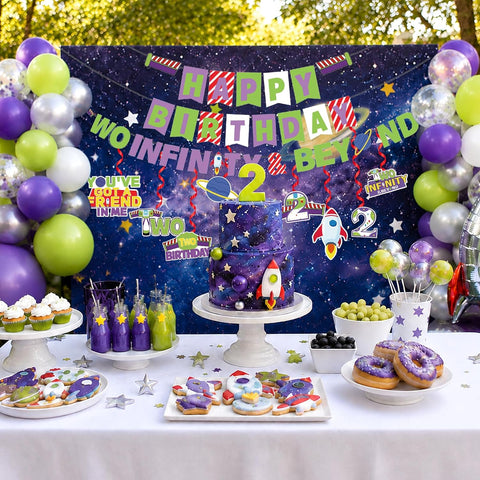 Cartoon Story 2nd Birthday Banner with 8 Hanging Swirls - Toy Space Themed Party Decor - Grencian