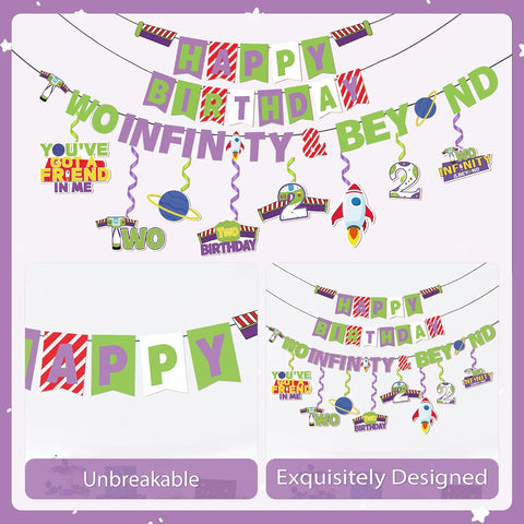 Cartoon Story 2nd Birthday Banner with 8 Hanging Swirls - Toy Space Themed Party Decor - Grencian