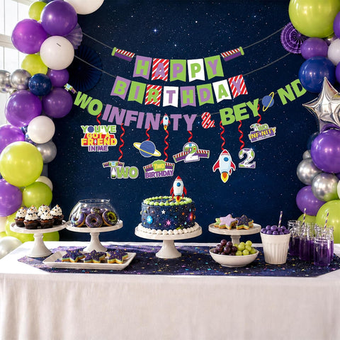 Cartoon Story 2nd Birthday Banner with 8 Hanging Swirls - Toy Space Themed Party Decor - Grencian