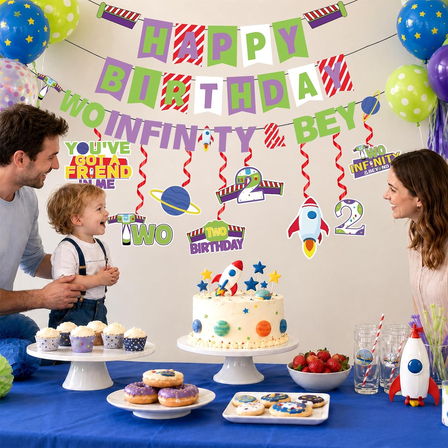 Cartoon Story 2nd Birthday Banner with 8 Hanging Swirls - Toy Space Themed Party Decor - Grencian