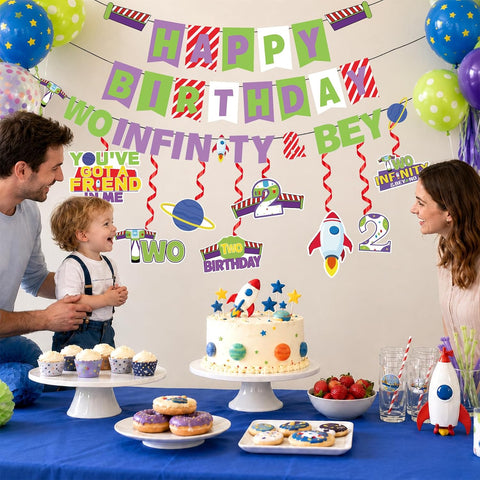 Cartoon Story 2nd Birthday Banner with 8 Hanging Swirls - Toy Space Themed Party Decor - Grencian