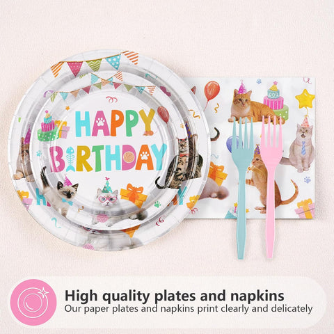 96 Pcs Cat 1st Birthday Party Plates and Napkins - Grencian