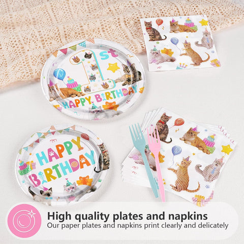 96 Pcs Cat 1st Birthday Party Plates and Napkins - Grencian