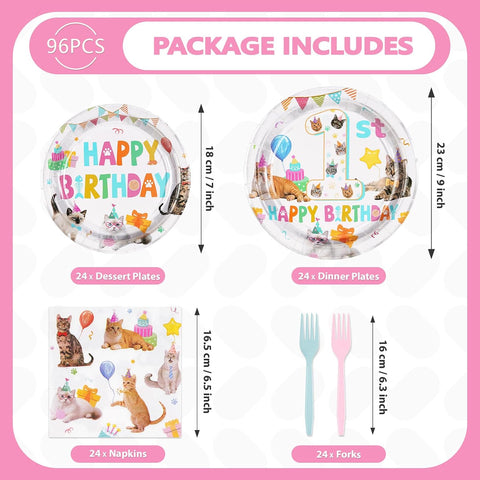 96 Pcs Cat 1st Birthday Party Plates and Napkins - Grencian