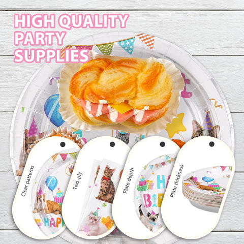 96 Pcs Cat 1st Birthday Party Plates and Napkins - Grencian