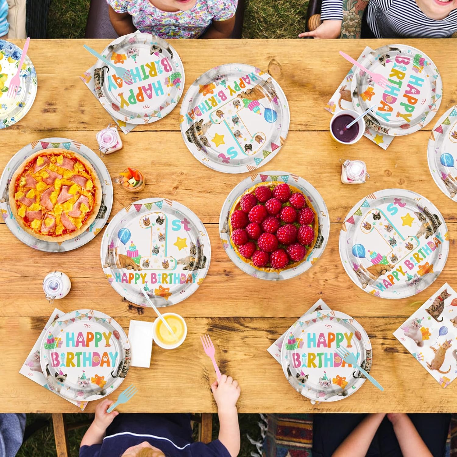96 Pcs Cat 1st Birthday Party Plates and Napkins - Grencian