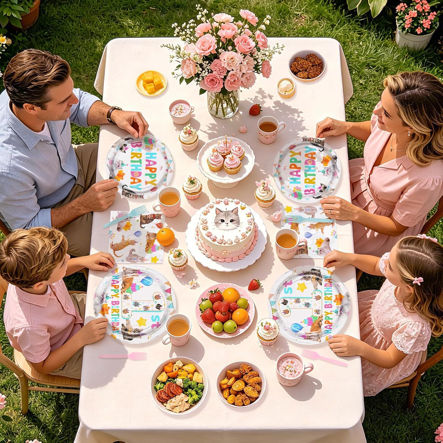 96 Pcs Cat 1st Birthday Party Plates and Napkins - Grencian