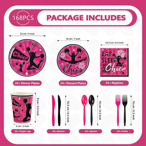 Cheer Gymnastics Birthday Party Plates and Napkins Set - 168 Pcs Serves 24 - Grencian