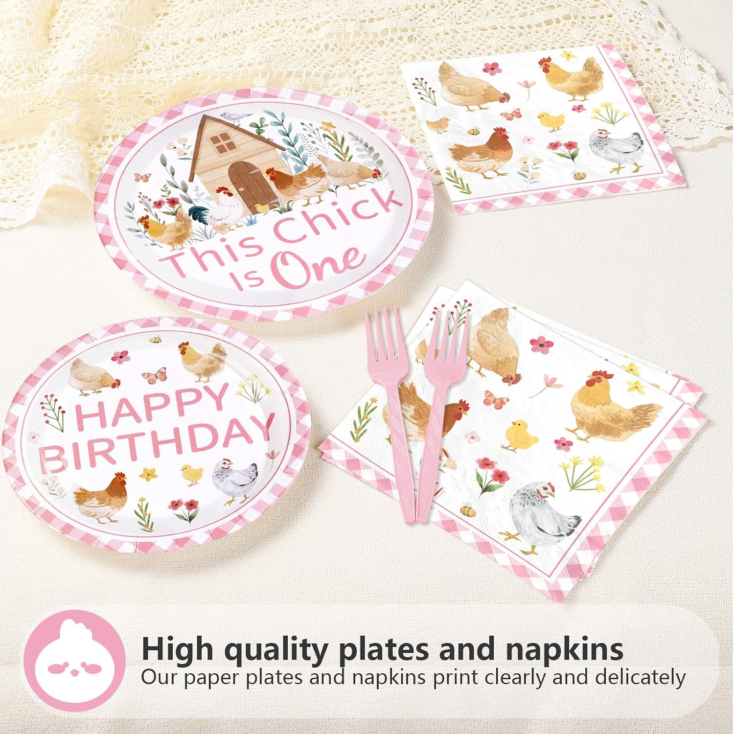 Chicken 1st Birthday Plates & Napkins Set - 96 Pcs image 5