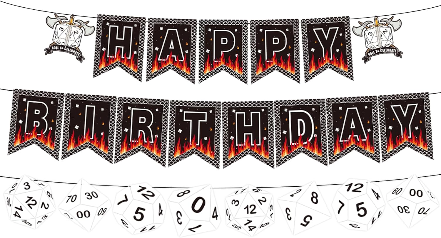 D20 Dice Birthday Party Banner - Dungeons & Dragons Themed Hanging Decor - Grencian
