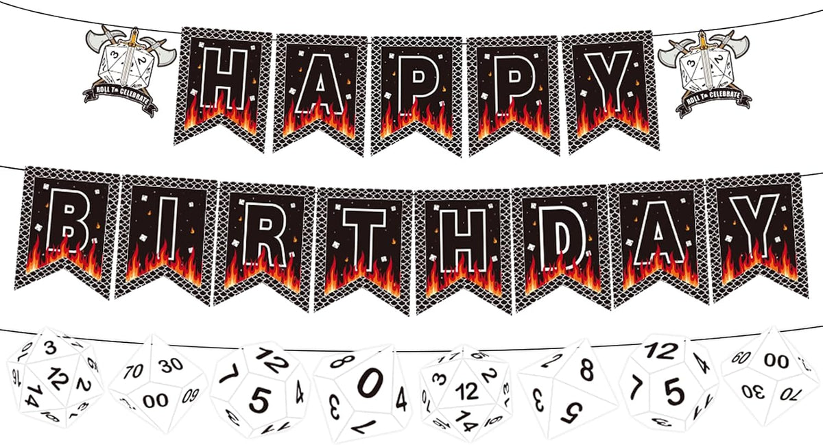 D20 Dice Birthday Party Banner - Dungeons & Dragons Themed Hanging Decor - Grencian