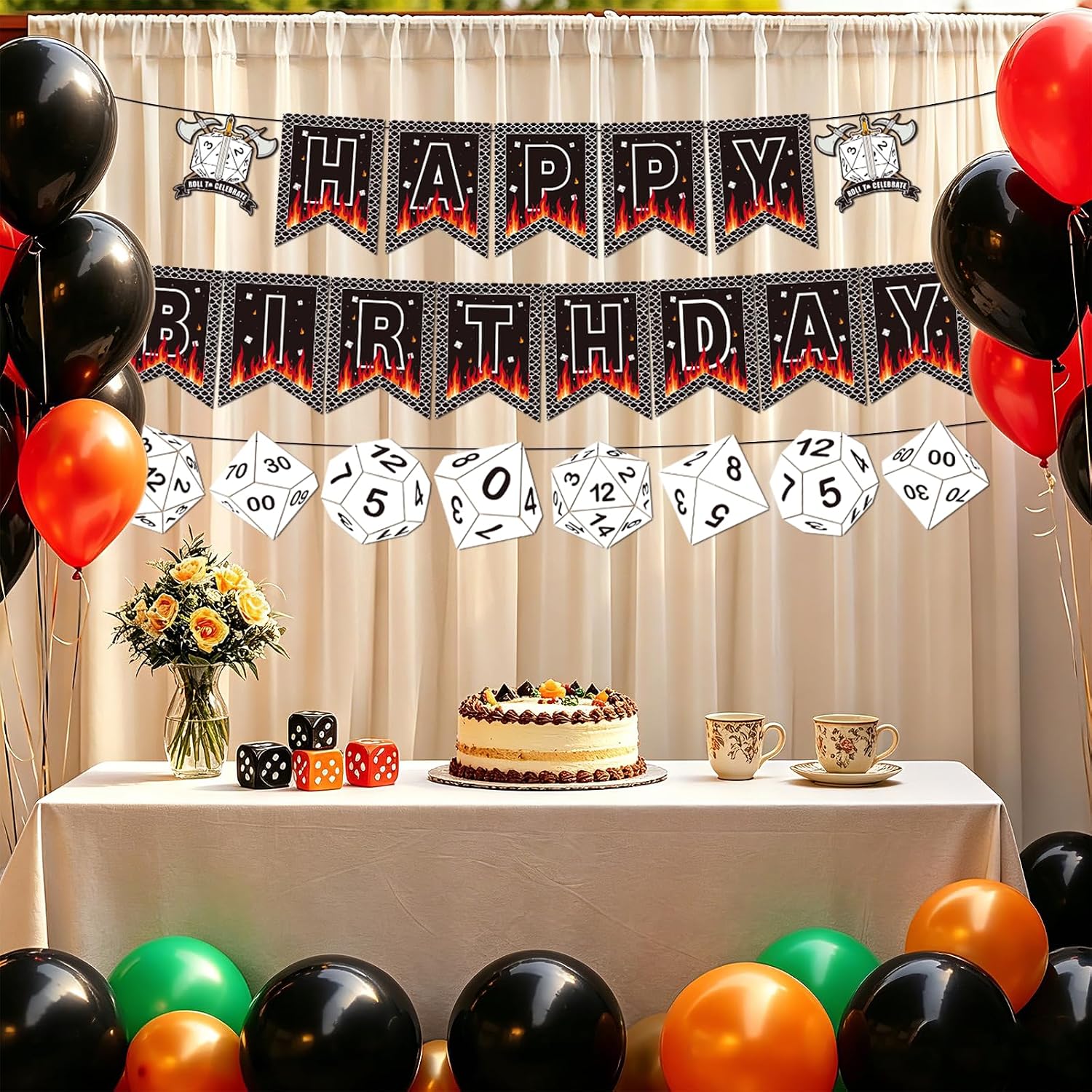 D20 Dice Birthday Party Banner - Dungeons & Dragons Themed Hanging Decor - Grencian