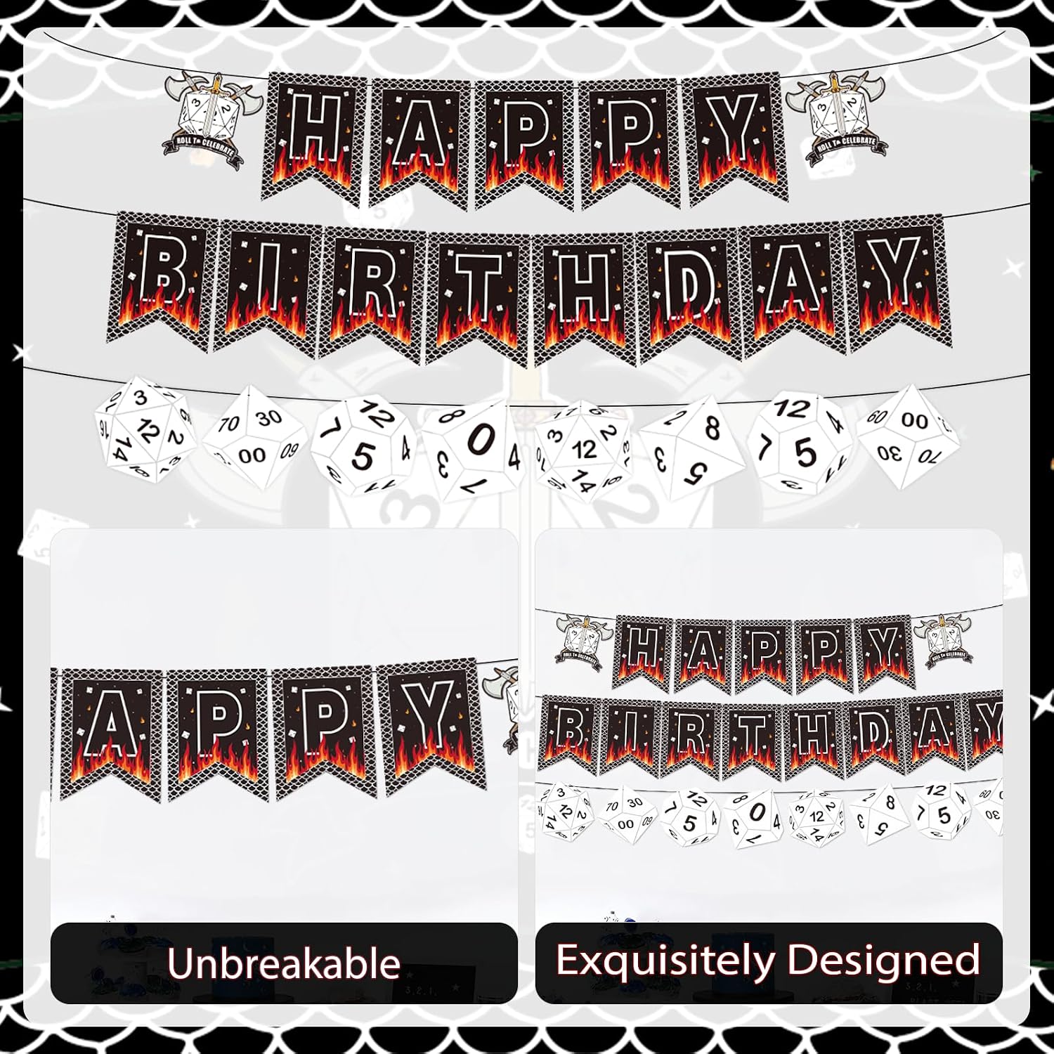 D20 Dice Birthday Party Banner - Dungeons & Dragons Themed Hanging Decor - Grencian