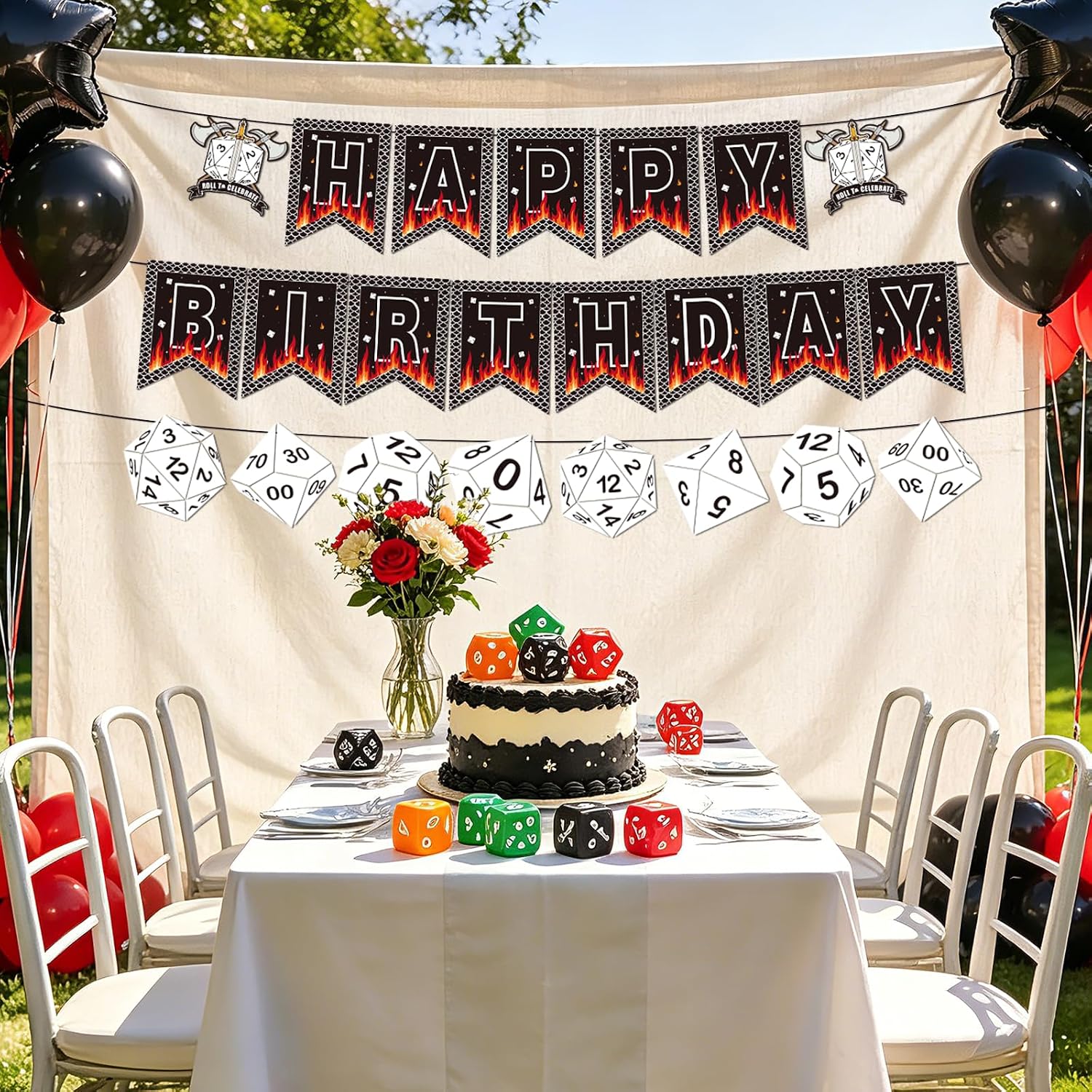 D20 Dice Birthday Party Banner - Dungeons & Dragons Themed Hanging Decor - Grencian