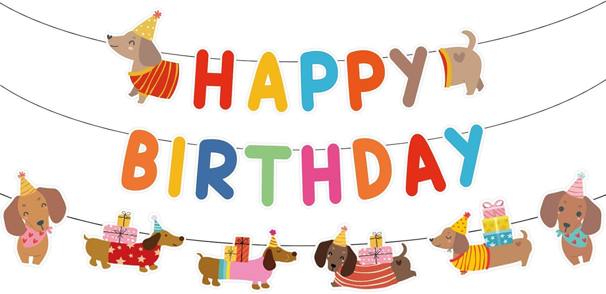 Dachshund Dog Birthday Party Banner - Cartoon Wiener Dog Themed Hanging Decor - Grencian