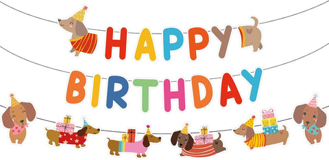 Dachshund Dog Birthday Party Banner - Cartoon Wiener Dog Themed Hanging Decor - Grencian