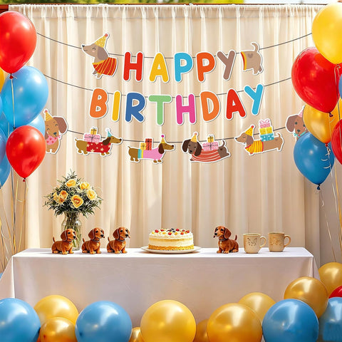 Dachshund Dog Birthday Party Banner - Cartoon Wiener Dog Themed Hanging Decor - Grencian