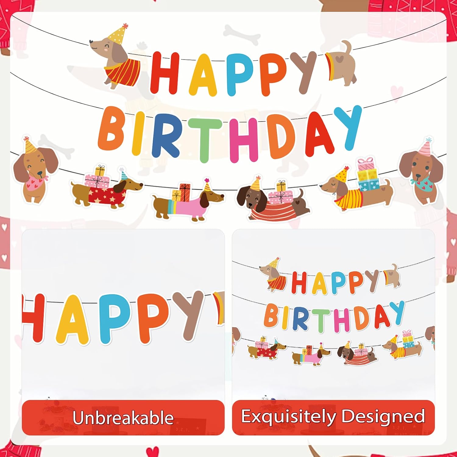 Dachshund Dog Birthday Party Banner - Cartoon Wiener Dog Themed Hanging Decor - Grencian