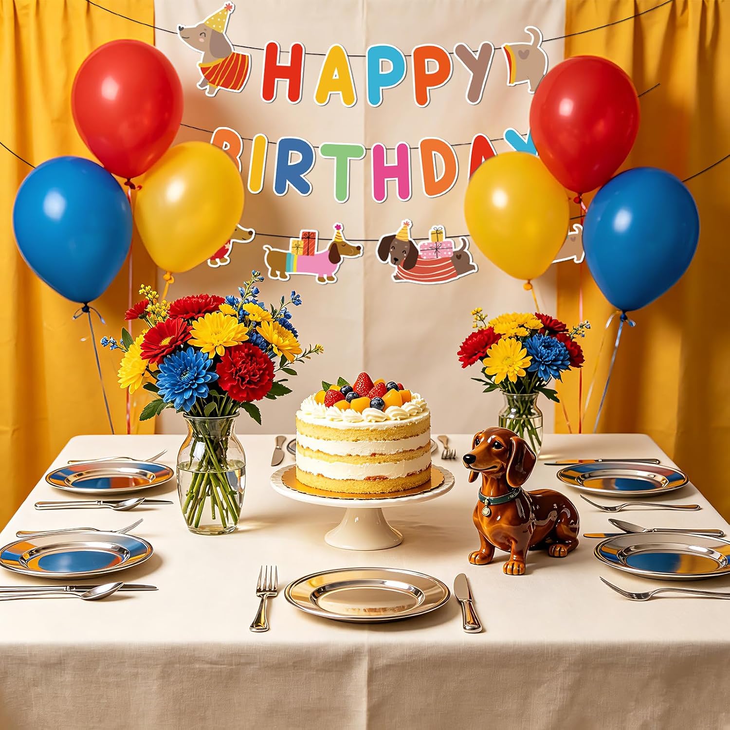 Dachshund Dog Birthday Party Banner - Cartoon Wiener Dog Themed Hanging Decor - Grencian