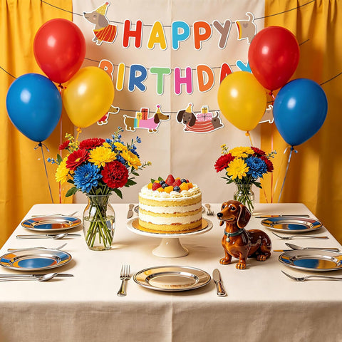 Dachshund Dog Birthday Party Banner - Cartoon Wiener Dog Themed Hanging Decor - Grencian
