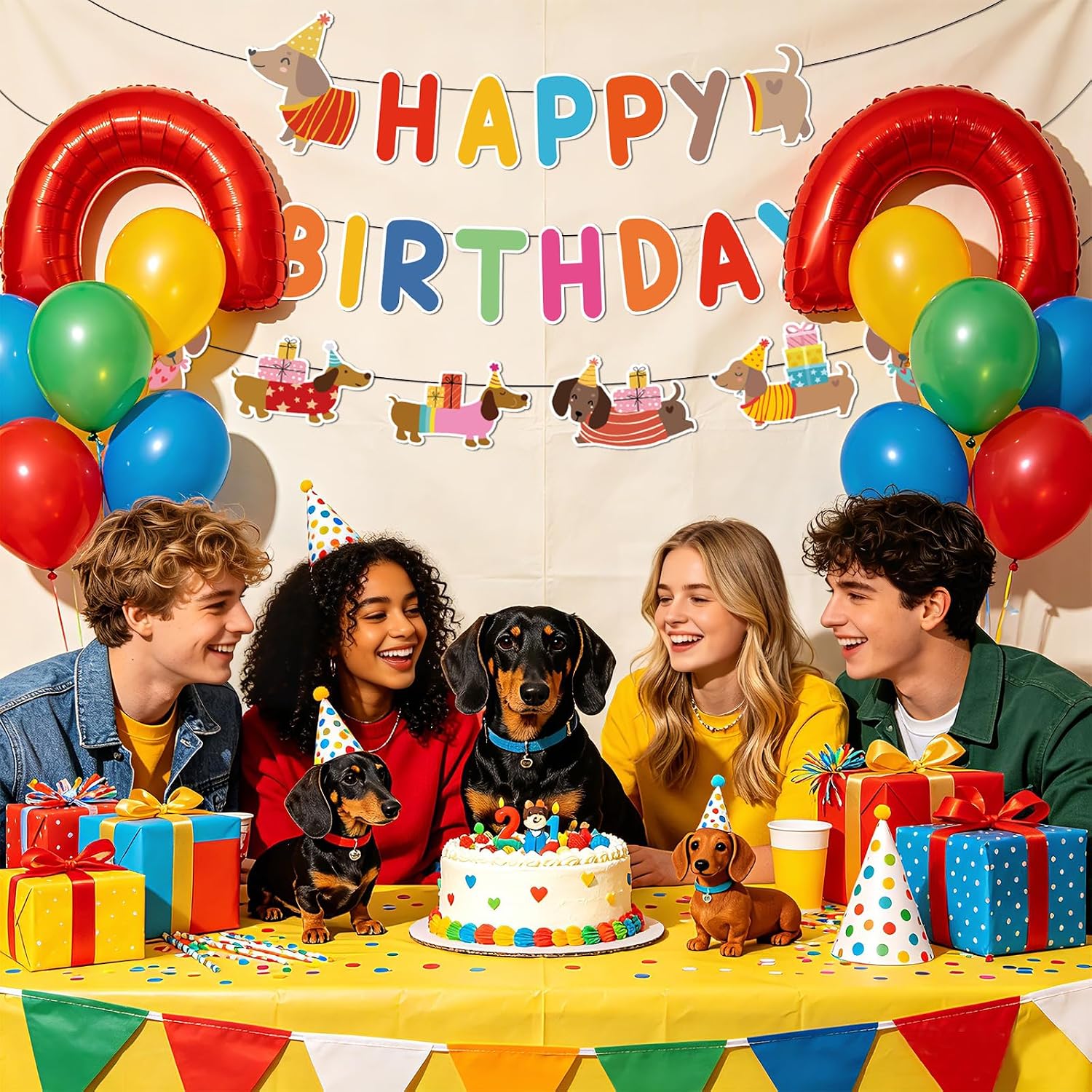 Dachshund Dog Birthday Party Banner - Cartoon Wiener Dog Themed Hanging Decor - Grencian