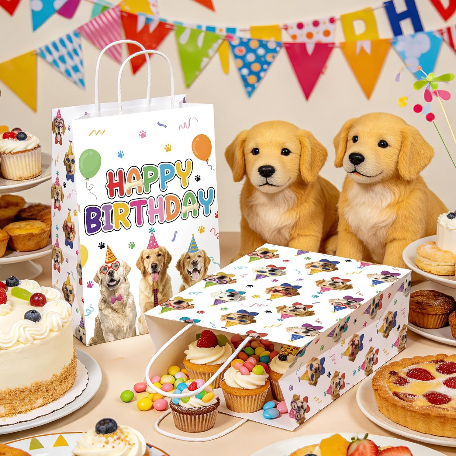 Dog themed party favor bags 16 pieces golden