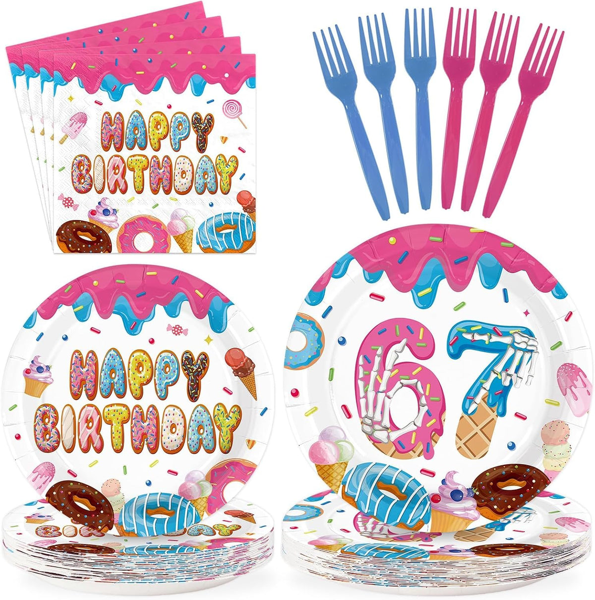 Donut '6 to 7' Birthday Plates & Napkins Set - 96 Pcs - image 1