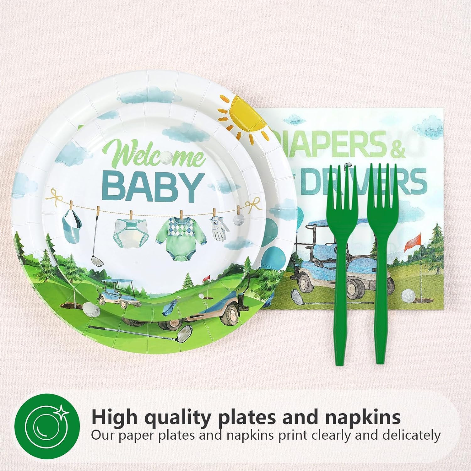 Drivers and diapers golf theme dinner plates 9 inch green and blue