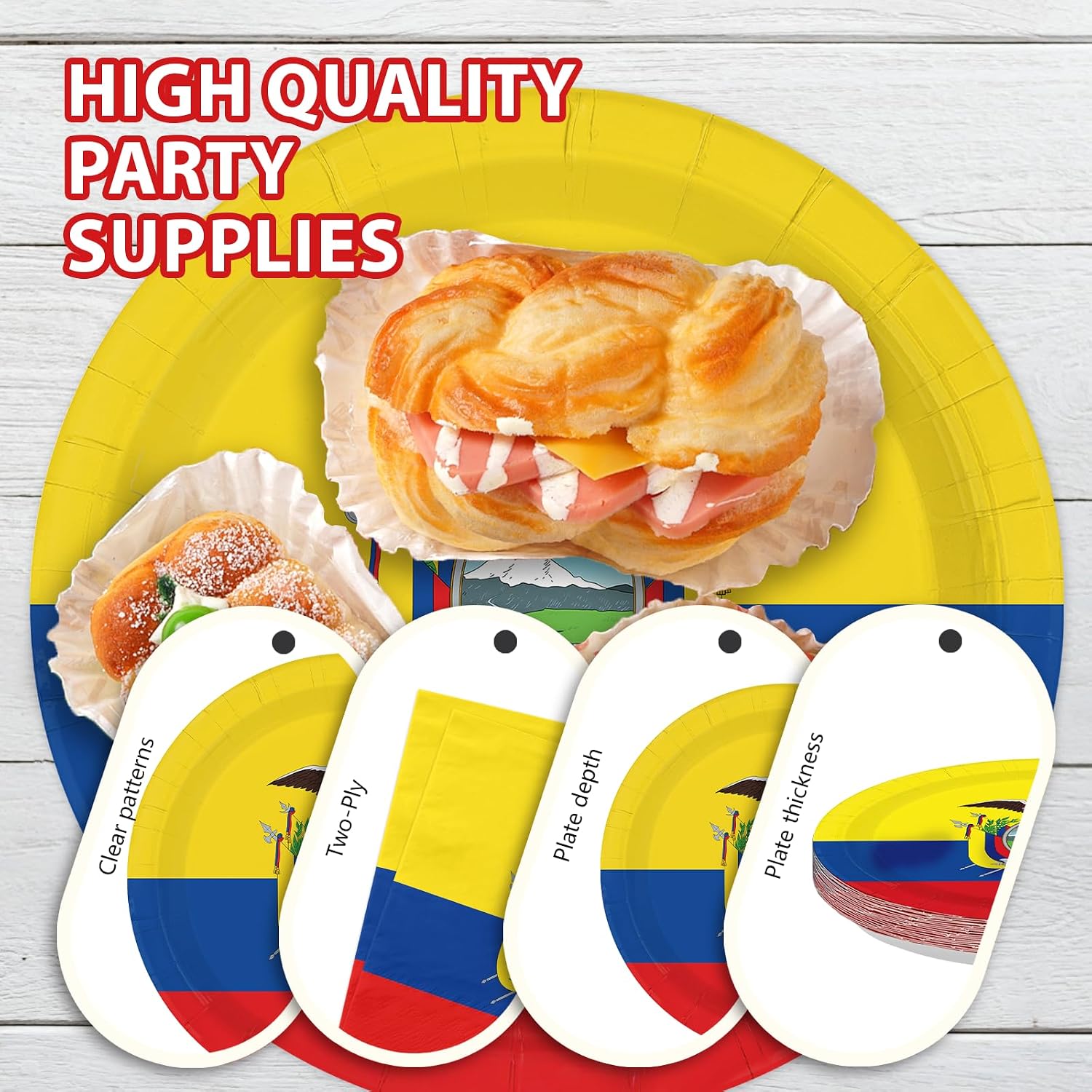 Ecuador national flag coat of arms design on paper plates