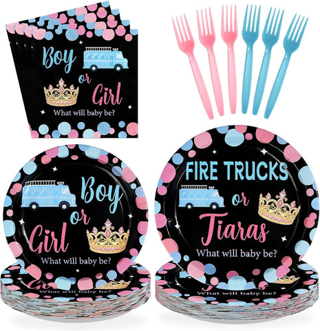 Fire Trucks or Tiaras Gender Reveal Plates & Napkins - 96 Pcs image 1