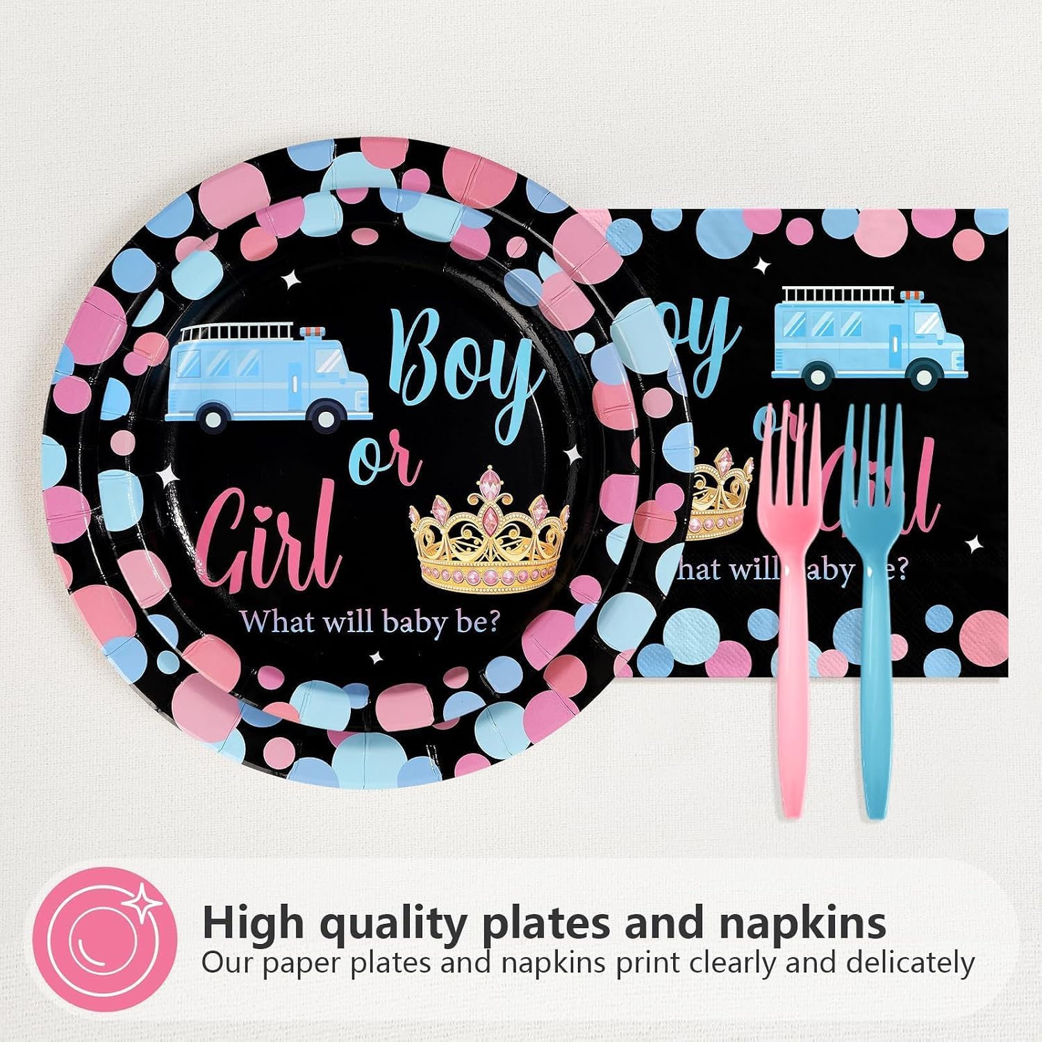 Fire Trucks or Tiaras Gender Reveal Plates & Napkins - 96 Pcs image 2