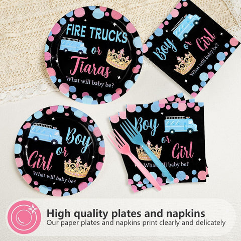 Fire Trucks or Tiaras Gender Reveal Plates & Napkins - 96 Pcs image 3
