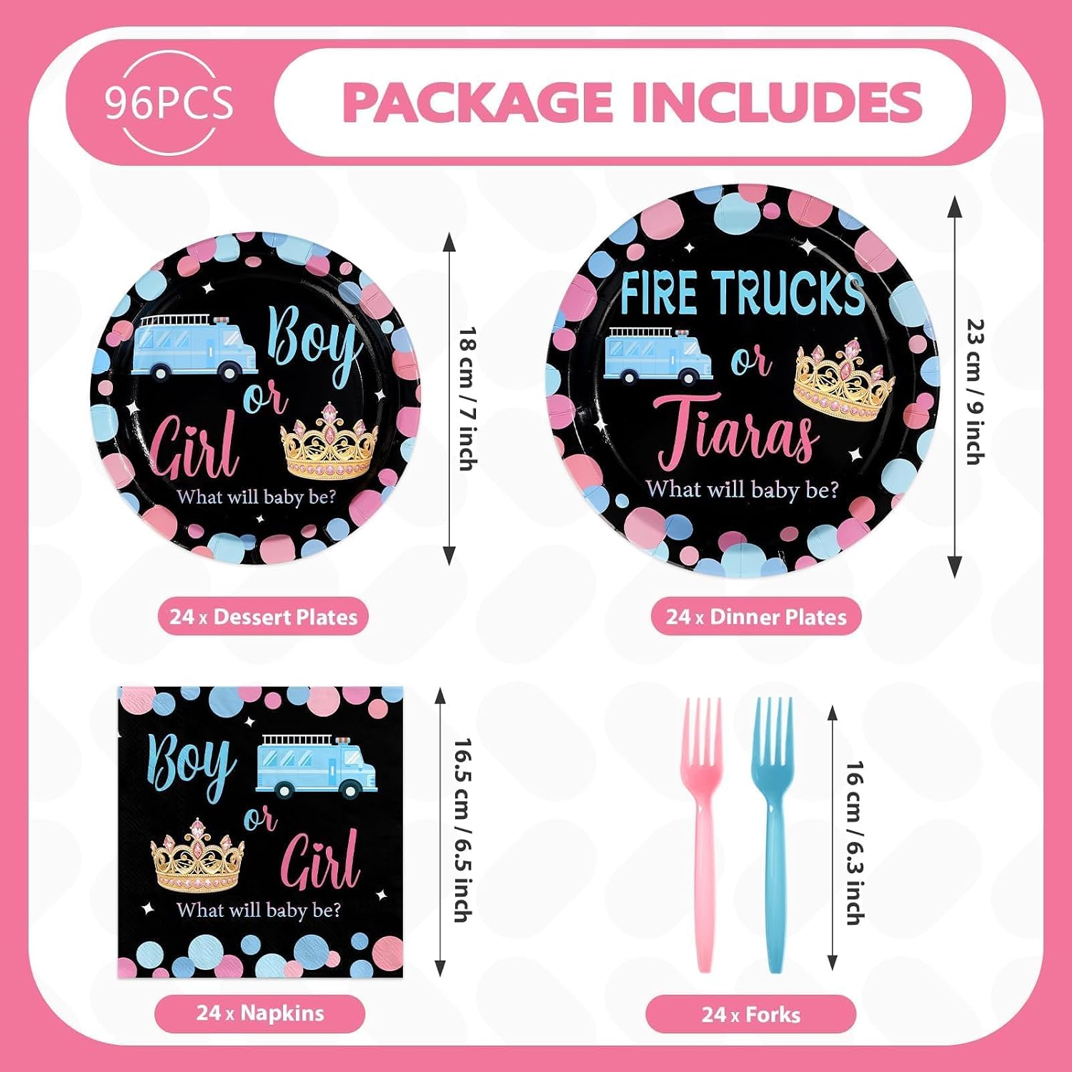 Fire Trucks or Tiaras Gender Reveal Plates & Napkins - 96 Pcs image 5