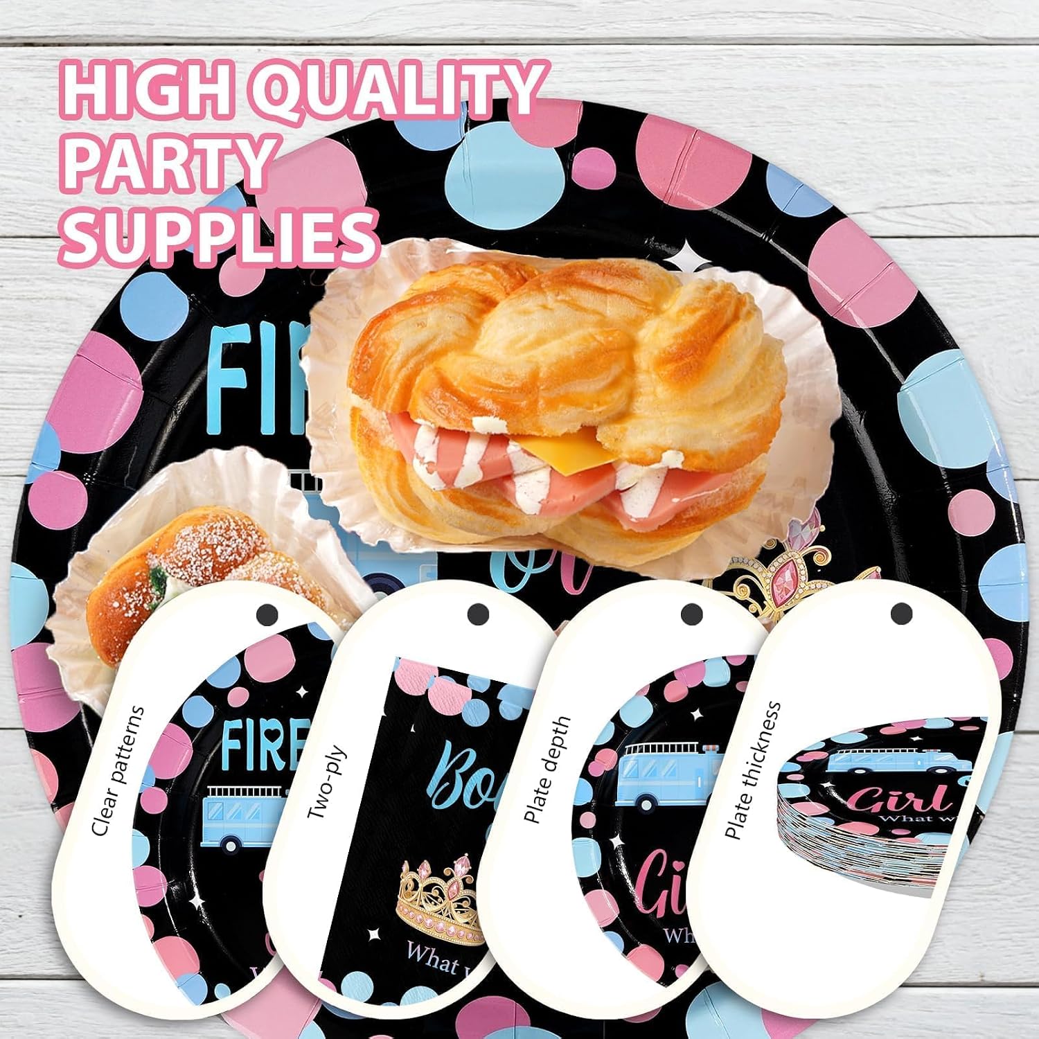 Fire Trucks or Tiaras Gender Reveal Plates & Napkins - 96 Pcs image 6