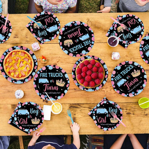 Fire Trucks or Tiaras Gender Reveal Plates & Napkins - 96 Pcs image 7