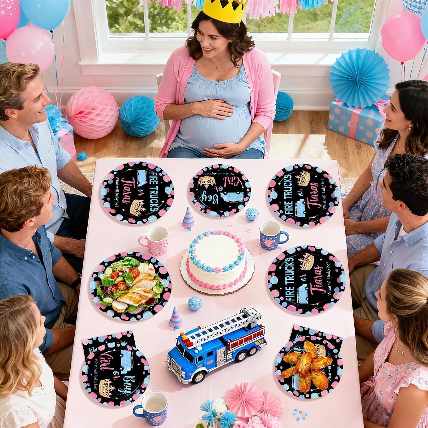 Fire Trucks or Tiaras Gender Reveal Plates & Napkins - 96 Pcs image 8