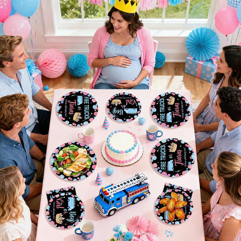 Fire Trucks or Tiaras Gender Reveal Plates & Napkins - 96 Pcs image 8