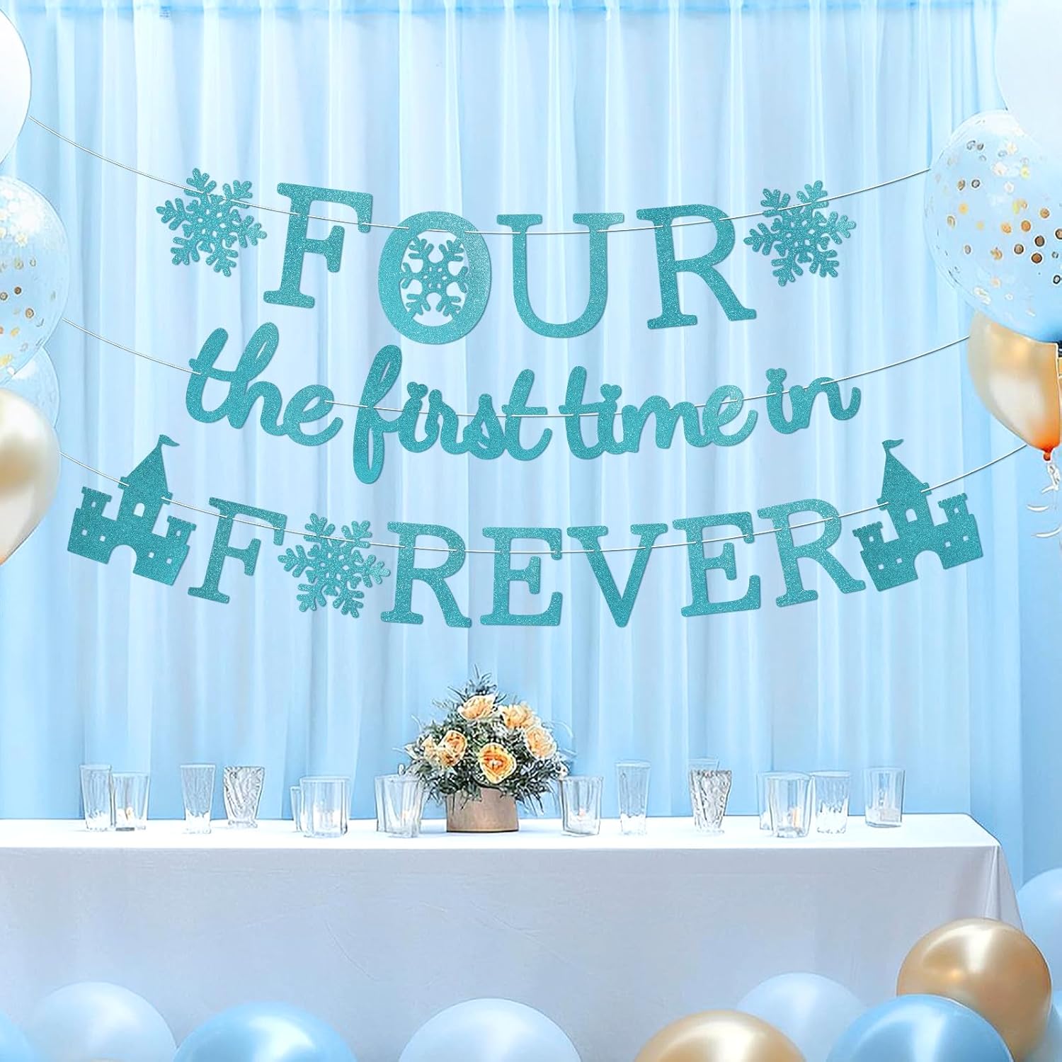 Four the First Time in Forever Banner - Frozen 4th Birthday Glitter Party Banner - Grencian