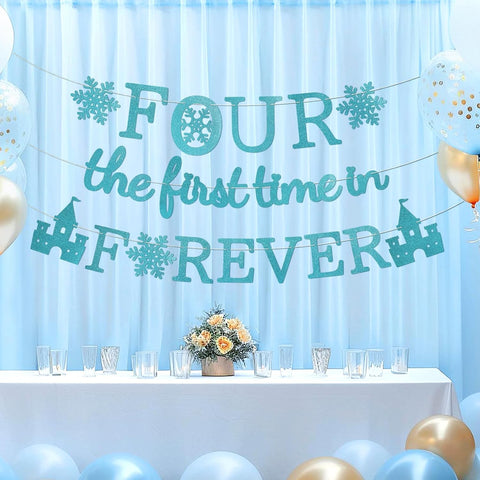 Four the First Time in Forever Banner - Frozen 4th Birthday Glitter Party Banner - Grencian