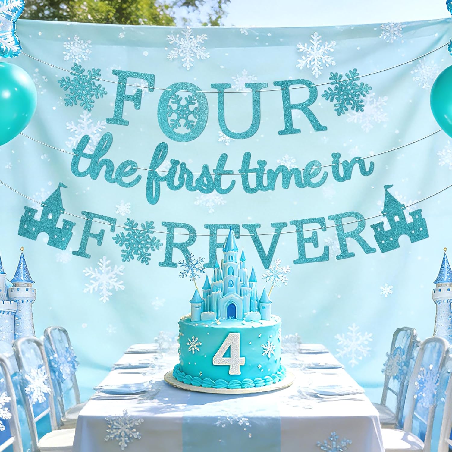 Four the First Time in Forever Banner - Frozen 4th Birthday Glitter Party Banner - Grencian