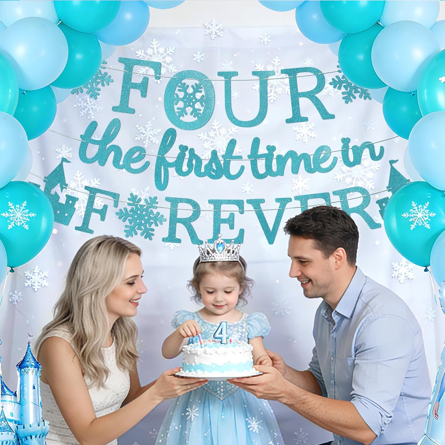 Four the First Time in Forever Banner - Frozen 4th Birthday Glitter Party Banner - Grencian